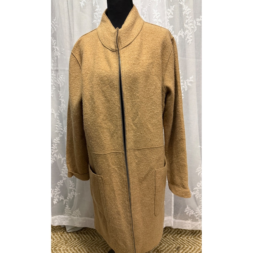 Herman Geist Womens Camel Tan 100% Wool Full Zip Longline Pocket Coat Fall Boho